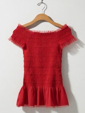 LOVESHACKFANCY Crimson Red Mosa Dress Off-Shoulder Smocked Ruffle Hem Dress NWT